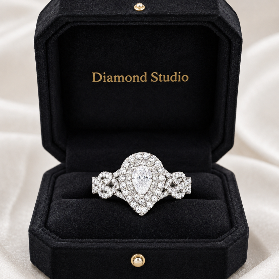 3.00 CT Pear Cut Lab-Grown Diamond Double Halo Engagement Ring in 14K White Gold