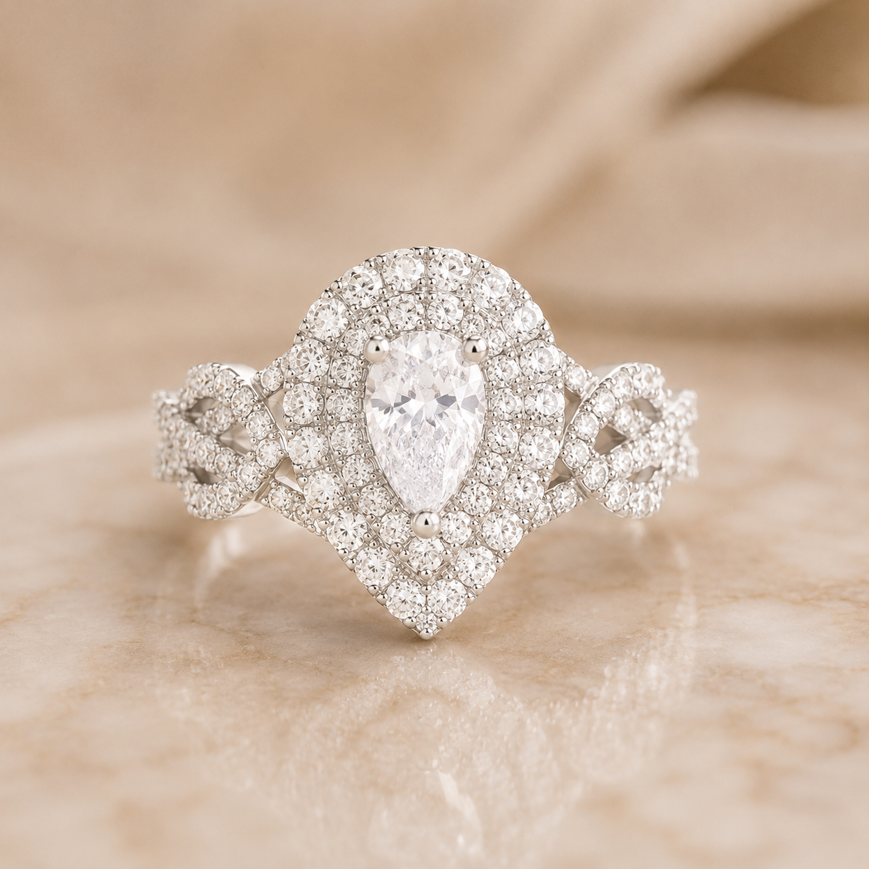 3.00 CT Pear Cut Lab-Grown Diamond Double Halo Engagement Ring in 14K White Gold