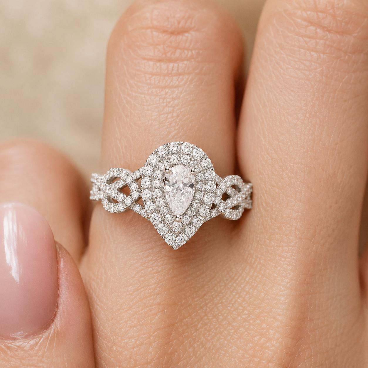 3.00 CT Pear Cut Lab-Grown Diamond Double Halo Engagement Ring in 14K White Gold