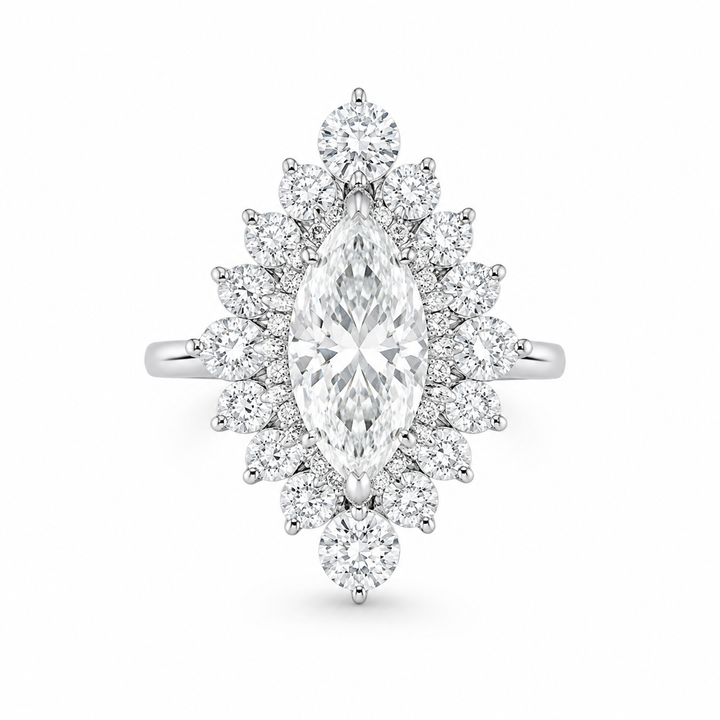 2.50 CT Marquise Cut Lab-Grown Diamond Double Halo Engagement Ring in 14K White Gold â€“ Statement Bridal Design from Diamond Studio
