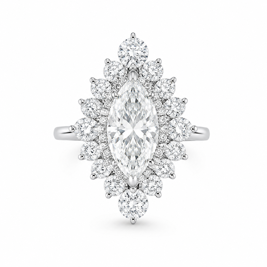 2.50 CT Marquise Cut Lab-Grown Diamond Double Halo Engagement Ring in 14K White Gold – Statement Bridal Design
