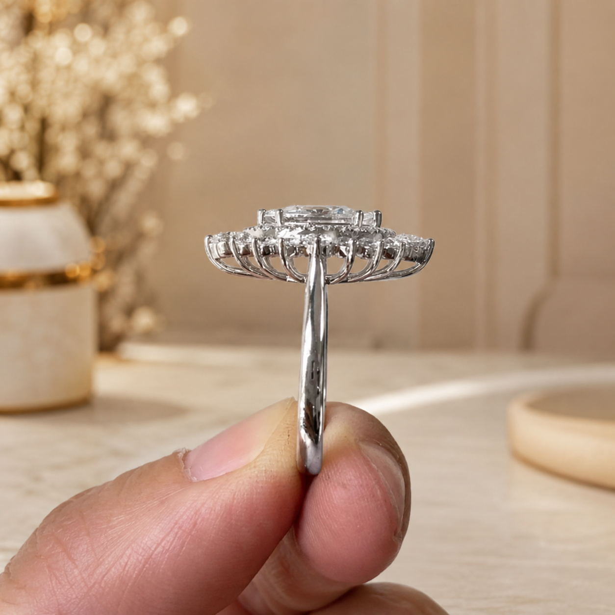 2.50 CT Marquise Cut Lab-Grown Diamond Double Halo Engagement Ring in 14K White Gold – Statement Bridal Design
