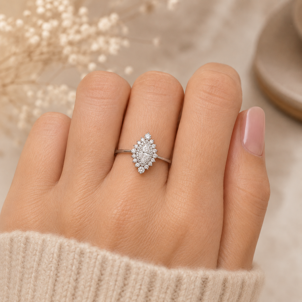 2.50 CT Marquise Cut Lab-Grown Diamond Double Halo Engagement Ring in 14K White Gold – Statement Bridal Design