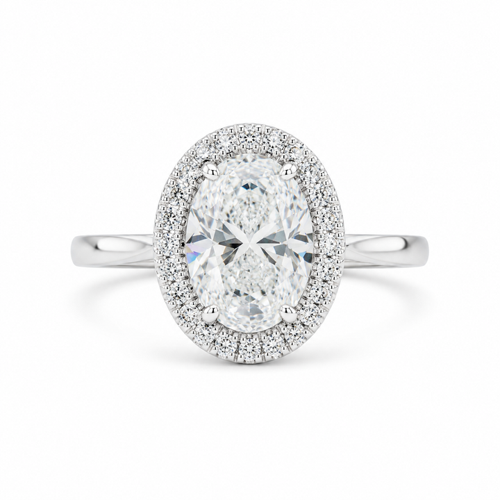 2.00 CT Oval Cut Lab-Grown Diamond Double Hidden Halo Engagement Ring in 14K White Gold â€“ Classic Celebrity Style Design from Diamond Studio