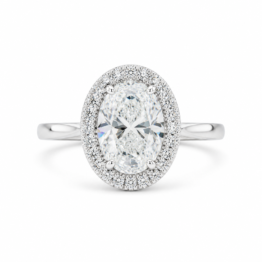 2.00 CT Oval Cut Lab-Grown Diamond Double Hidden Halo Engagement Ring in 14K White Gold – Classic Celebrity Style Design