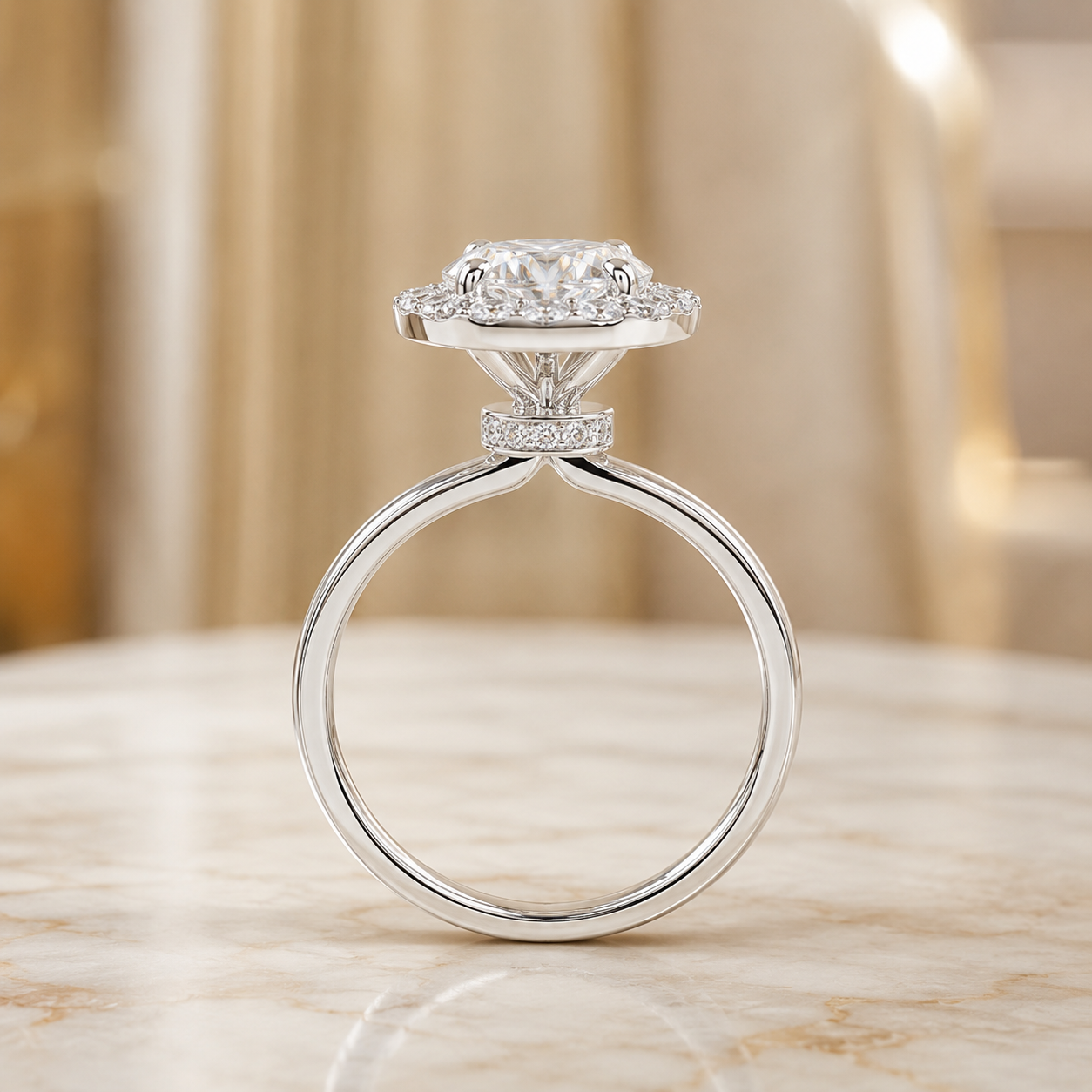2.00 CT Oval Cut Lab-Grown Diamond Double Hidden Halo Engagement Ring in 14K White Gold – Classic Celebrity Style Design
