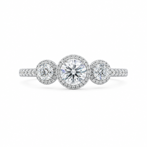 2.00 CT Round Cut Lab-Grown Diamond Three-Stone Halo Engagement Ring in 14K White Gold – Vintage Bridal Design