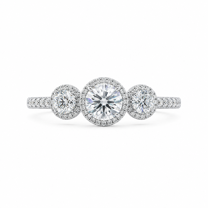 2.00 CT Round Cut Lab-Grown Diamond Three-Stone Halo Engagement Ring in 14K White Gold â€“ Vintage Bridal Design from Diamond Studio