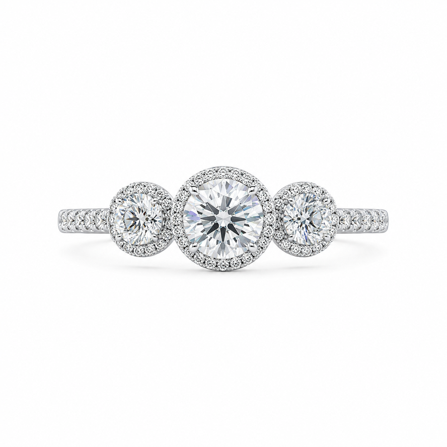 2.00 CT Round Cut Lab-Grown Diamond Three-Stone Halo Engagement Ring in 14K White Gold – Vintage Bridal Design