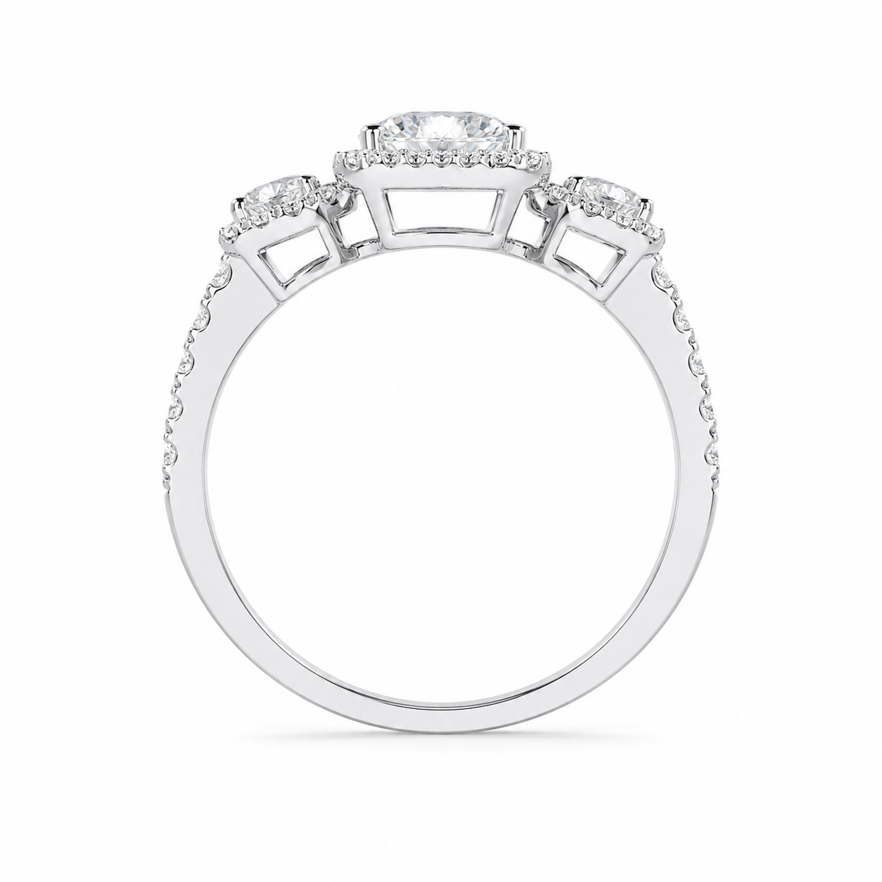 2.00 CT Round Cut Lab-Grown Diamond Three-Stone Halo Engagement Ring in 14K White Gold – Vintage Bridal Design