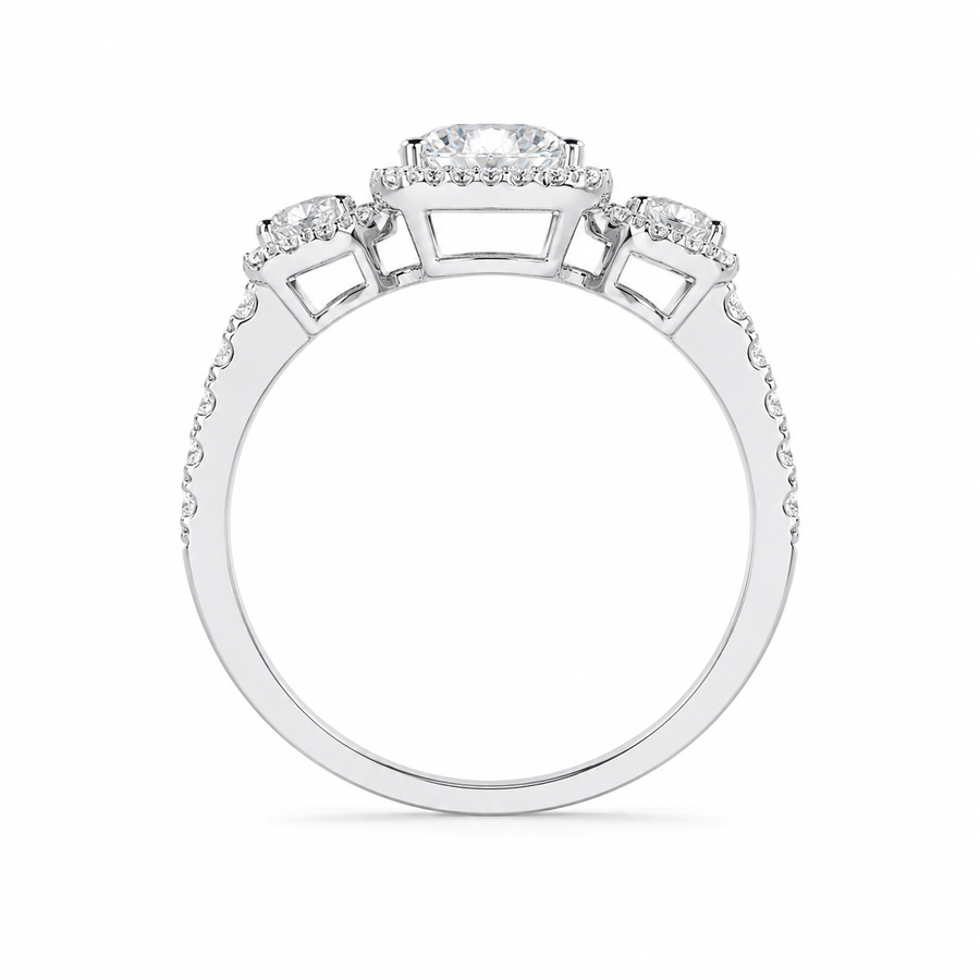 2.00 CT Round Cut Lab-Grown Diamond Three-Stone Halo Engagement Ring in 14K White Gold – Vintage Bridal Design