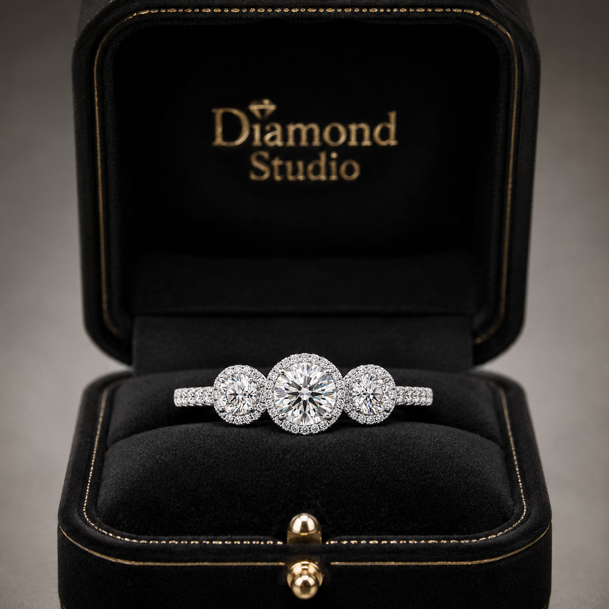 2.00 CT Round Cut Lab-Grown Diamond Three-Stone Halo Engagement Ring in 14K White Gold – Vintage Bridal Design