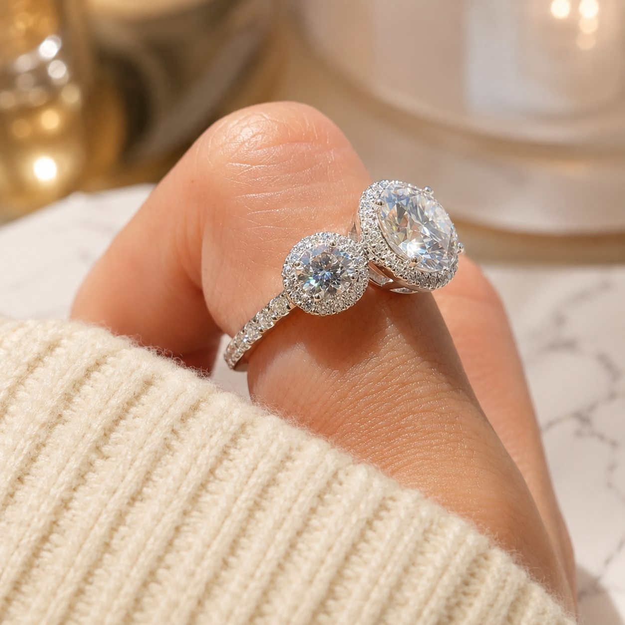 2.00 CT Round Cut Lab-Grown Diamond Three-Stone Halo Engagement Ring in 14K White Gold – Vintage Bridal Design