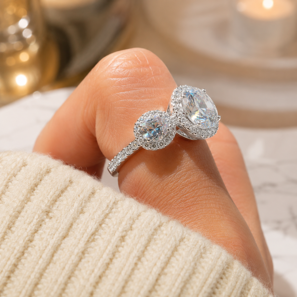 2.00 CT Round Cut Lab-Grown Diamond Three-Stone Halo Engagement Ring in 14K White Gold – Vintage Bridal Design