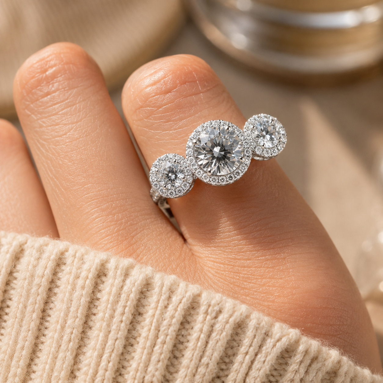 2.00 CT Round Cut Lab-Grown Diamond Three-Stone Halo Engagement Ring in 14K White Gold – Vintage Bridal Design