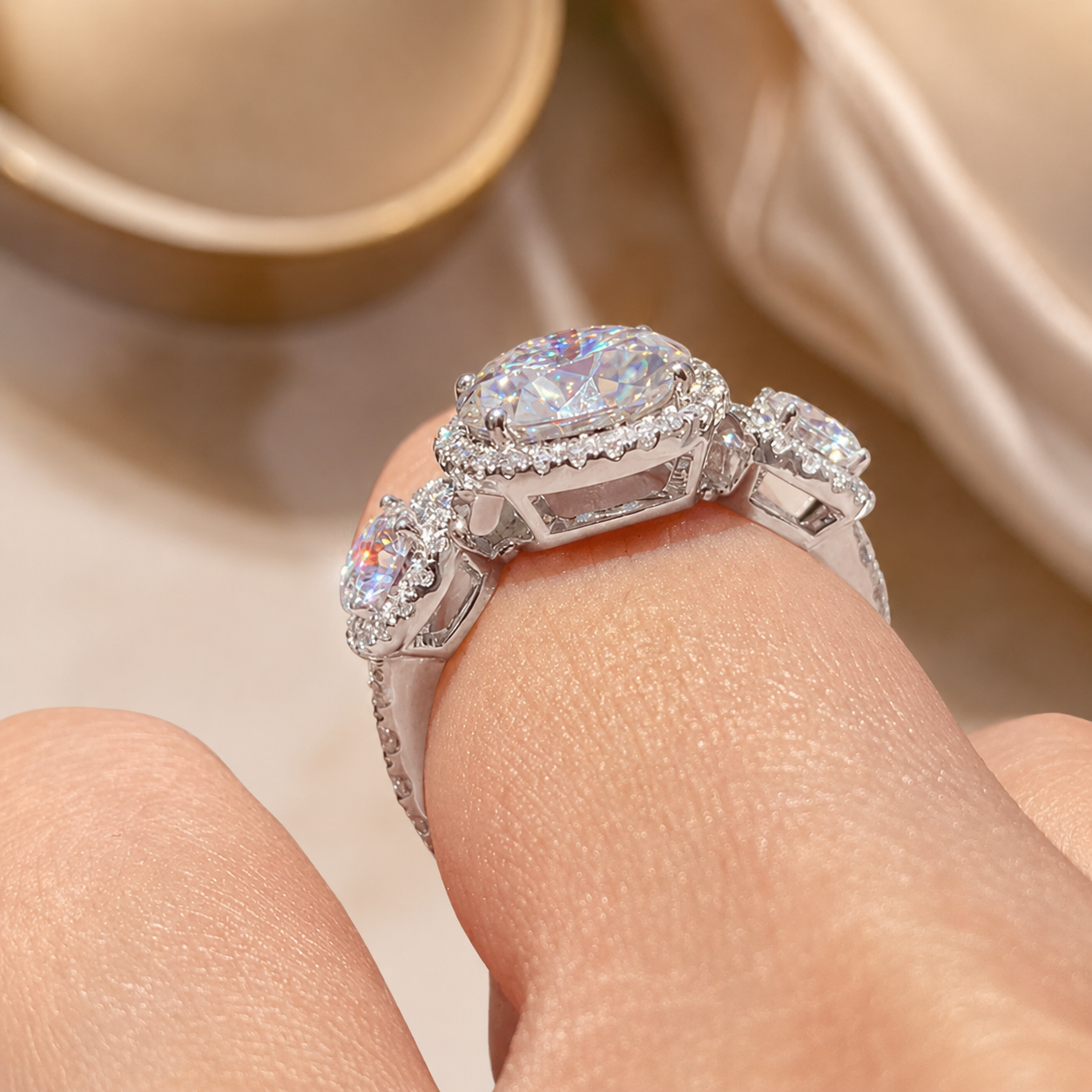 2.00 CT Round Cut Lab-Grown Diamond Three-Stone Halo Engagement Ring in 14K White Gold – Vintage Bridal Design