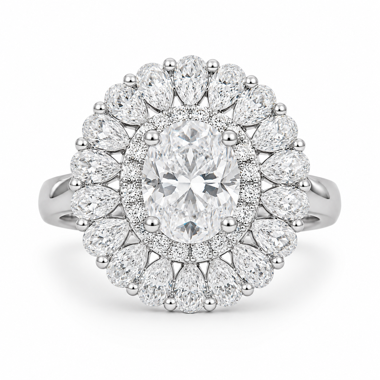 2.00 CT Oval Brilliant Cut Lab-Grown Diamond Double Halo Engagement Ring in 14K White Gold – Hidden Bridge Pear Halo Design