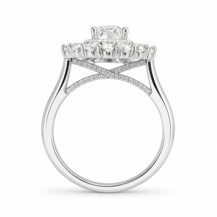 2.00 CT Oval Brilliant Cut Lab-Grown Diamond Double Halo Engagement Ring in 14K White Gold – Hidden Bridge Pear Halo Design