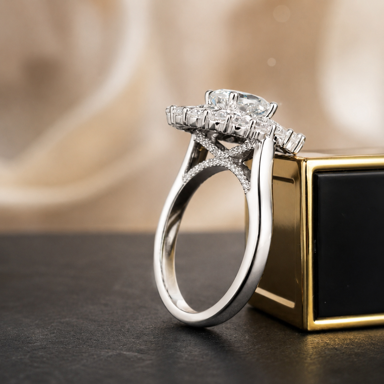 2.00 CT Oval Brilliant Cut Lab-Grown Diamond Double Halo Engagement Ring in 14K White Gold – Hidden Bridge Pear Halo Design