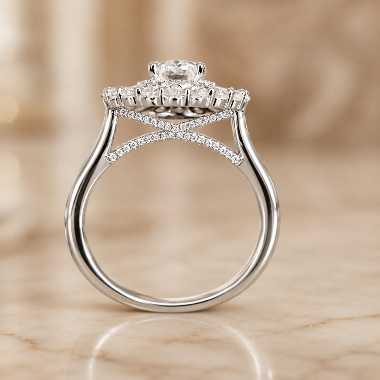 2.00 CT Oval Brilliant Cut Lab-Grown Diamond Double Halo Engagement Ring in 14K White Gold – Hidden Bridge Pear Halo Design