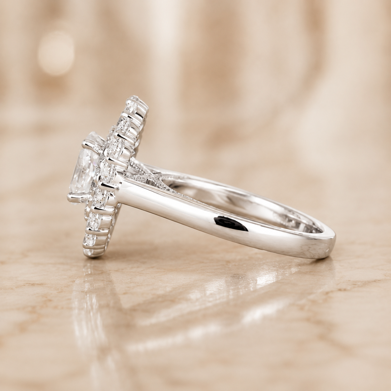 2.00 CT Oval Brilliant Cut Lab-Grown Diamond Double Halo Engagement Ring in 14K White Gold – Hidden Bridge Pear Halo Design