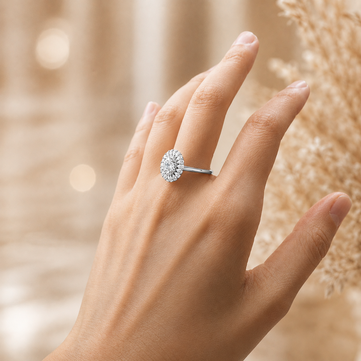 2.00 CT Oval Brilliant Cut Lab-Grown Diamond Double Halo Engagement Ring in 14K White Gold – Hidden Bridge Pear Halo Design