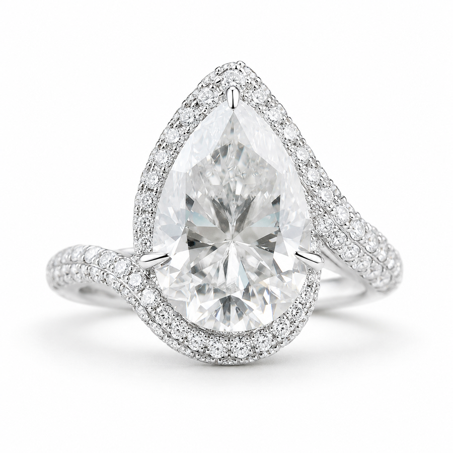 5.50 CT Pear Cut Lab-Grown Diamond Double Halo Engagement Ring in 14K White Gold – Bypass Bridal Design
