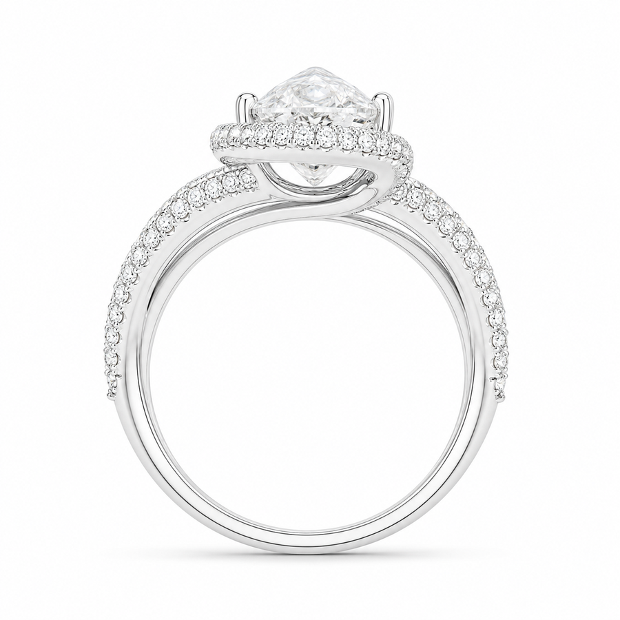 5.50 CT Pear Cut Lab-Grown Diamond Double Halo Engagement Ring in 14K White Gold – Bypass Bridal Design