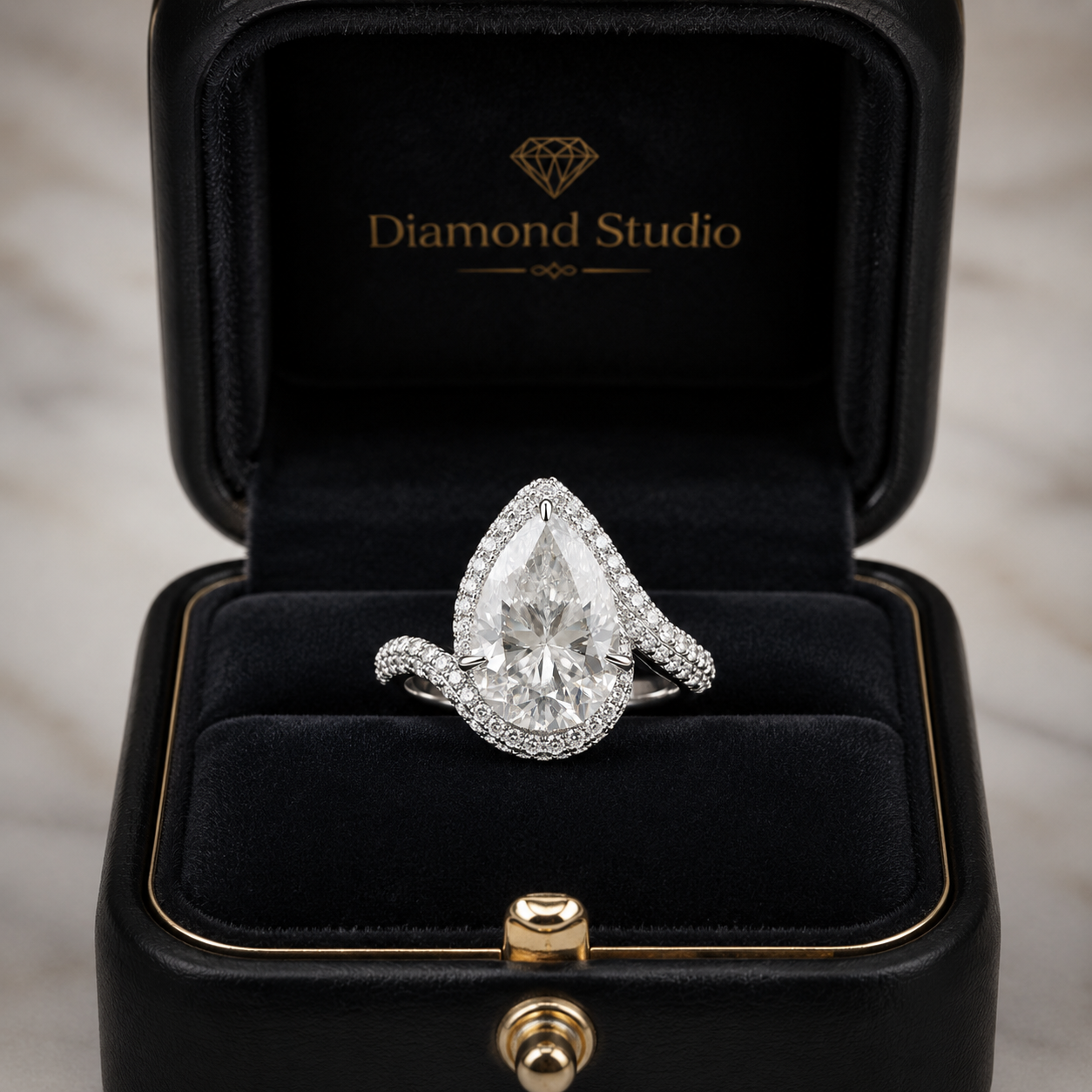 5.50 CT Pear Cut Lab-Grown Diamond Double Halo Engagement Ring in 14K White Gold – Bypass Bridal Design