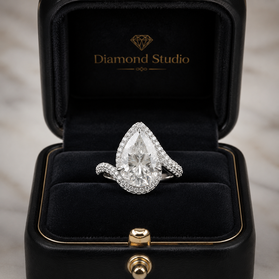 5.50 CT Pear Cut Lab-Grown Diamond Double Halo Engagement Ring in 14K White Gold – Bypass Bridal Design