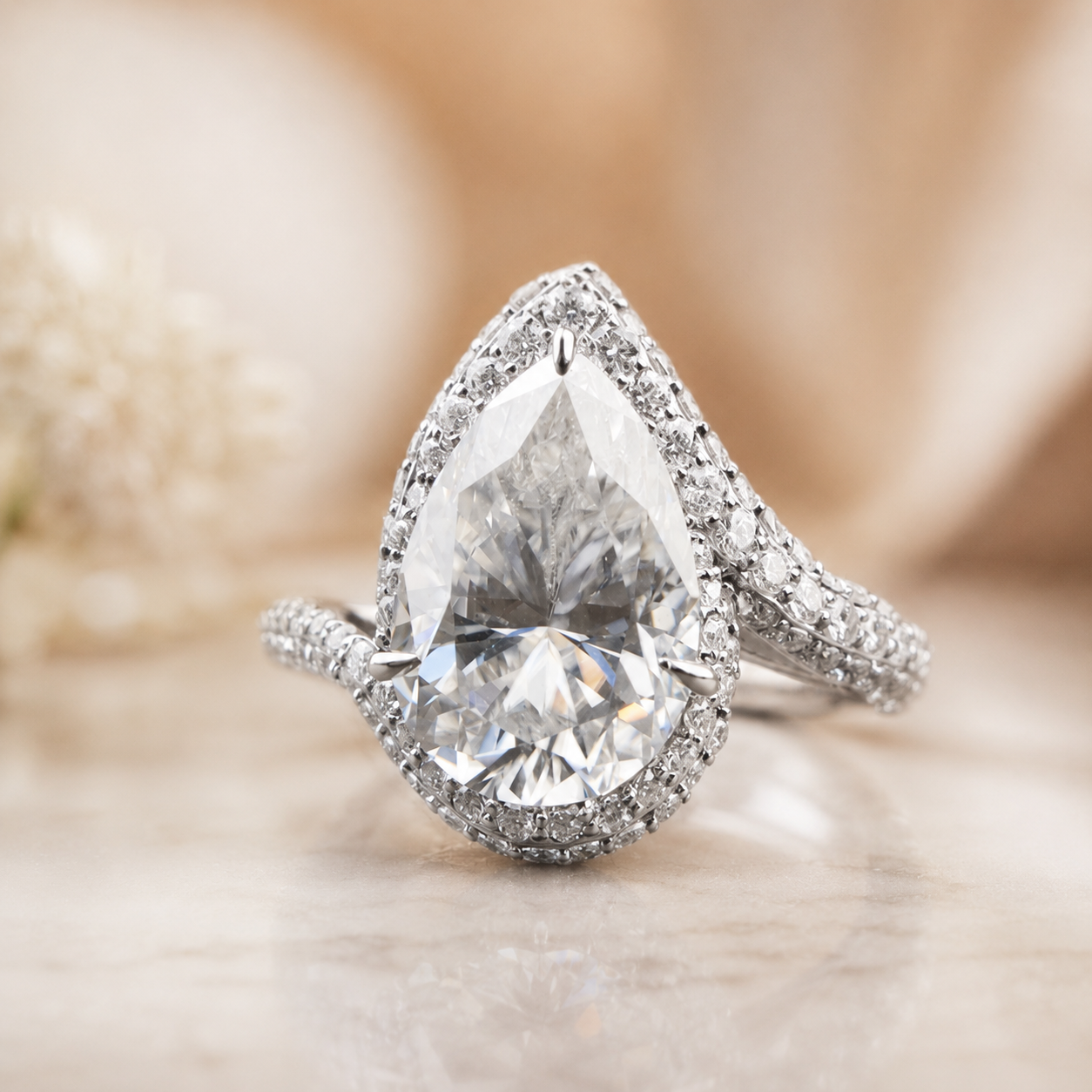 5.50 CT Pear Cut Lab-Grown Diamond Double Halo Engagement Ring in 14K White Gold – Bypass Bridal Design