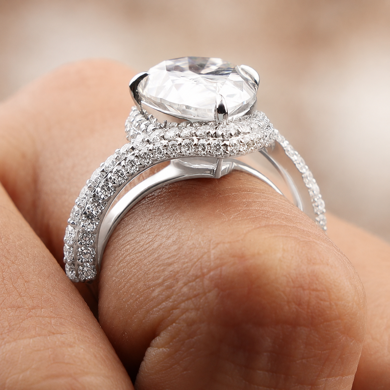 5.50 CT Pear Cut Lab-Grown Diamond Double Halo Engagement Ring in 14K White Gold – Bypass Bridal Design