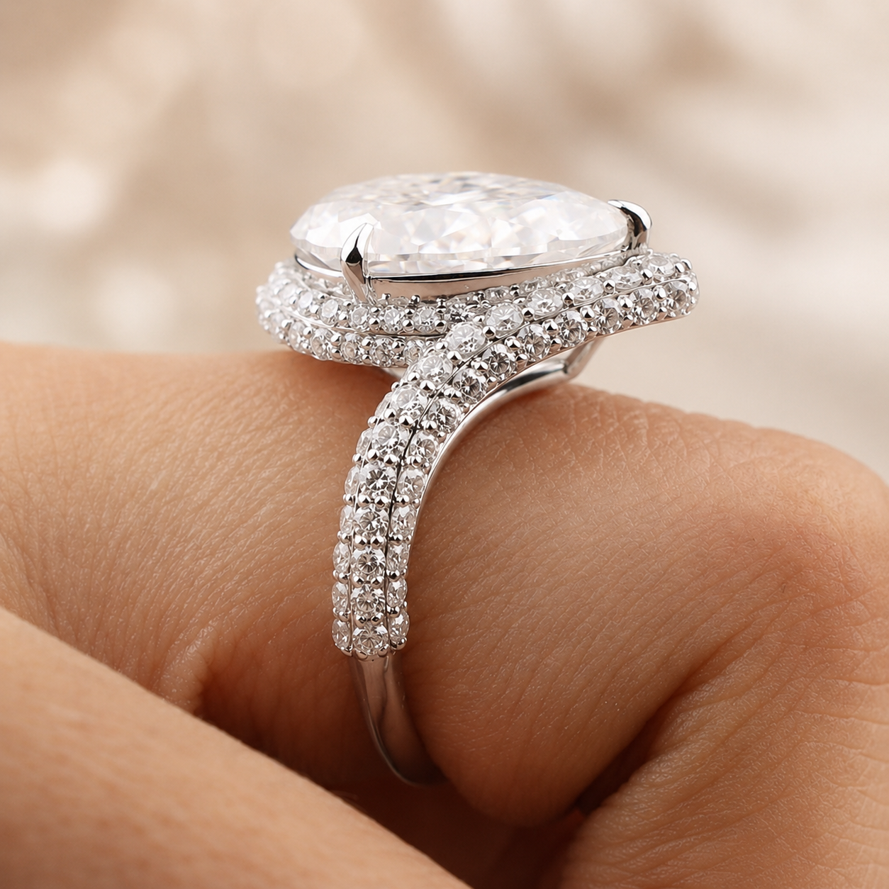 5.50 CT Pear Cut Lab-Grown Diamond Double Halo Engagement Ring in 14K White Gold – Bypass Bridal Design