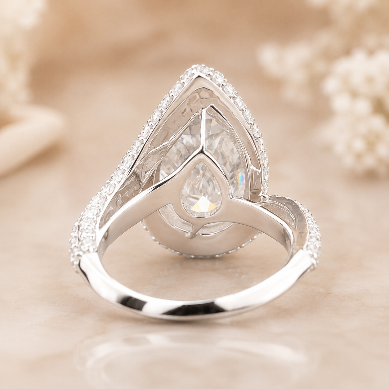 5.50 CT Pear Cut Lab-Grown Diamond Double Halo Engagement Ring in 14K White Gold – Bypass Bridal Design