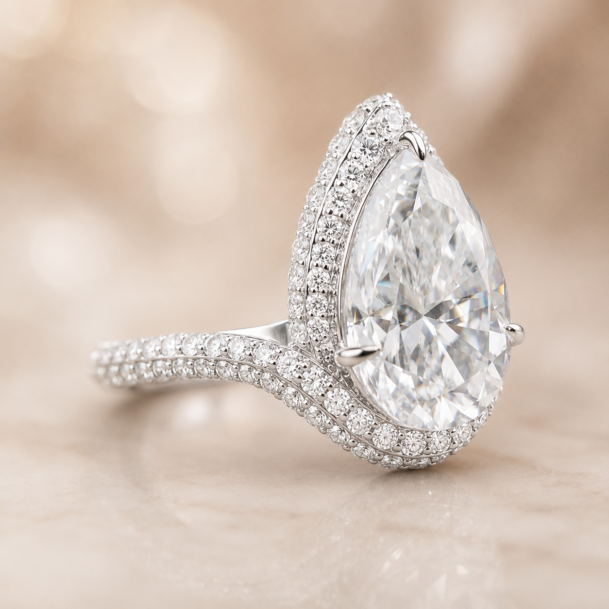 5.50 CT Pear Cut Lab-Grown Diamond Double Halo Engagement Ring in 14K White Gold – Bypass Bridal Design