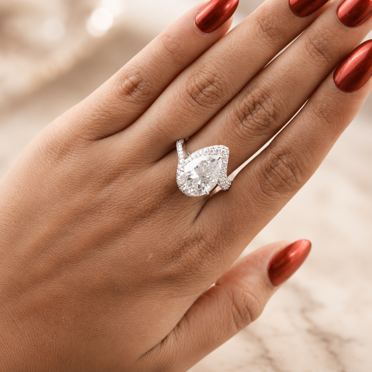 5.50 CT Pear Cut Lab-Grown Diamond Double Halo Engagement Ring in 14K White Gold – Bypass Bridal Design