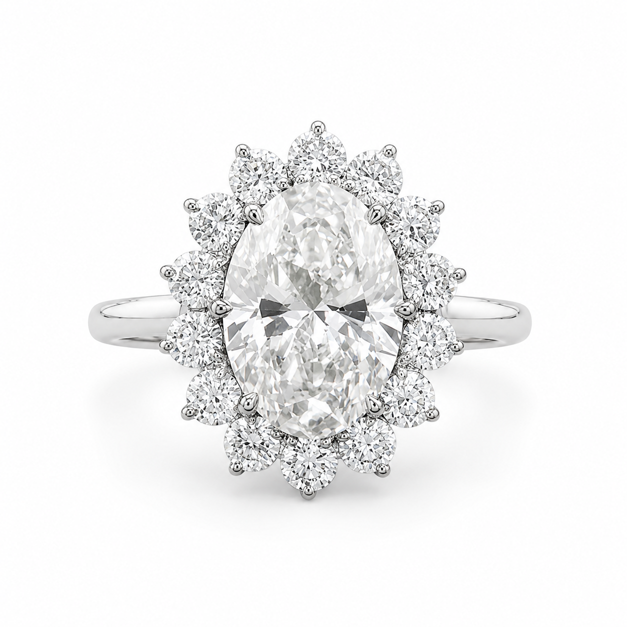 3.00 CT Oval Lab-Grown Diamond Sunburst Halo Engagement Ring in 14K White Gold – Statement Anniversary Design