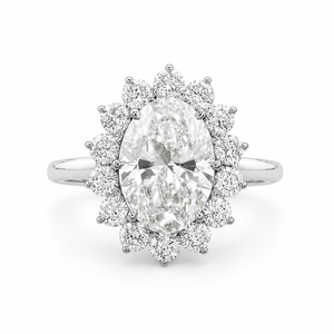 3.00 CT Oval Lab-Grown Diamond Sunburst Halo Engagement Ring in 14K White Gold – Statement Anniversary Design
