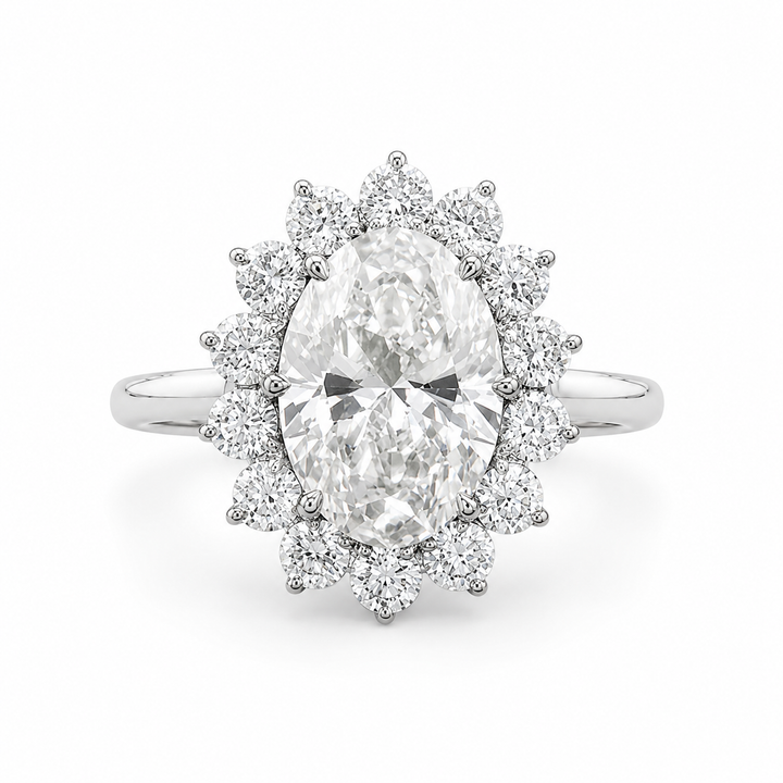 3.00 CT Oval Lab-Grown Diamond Sunburst Halo Engagement Ring in 14K White Gold â€“ Statement Anniversary Design from Diamond Studio