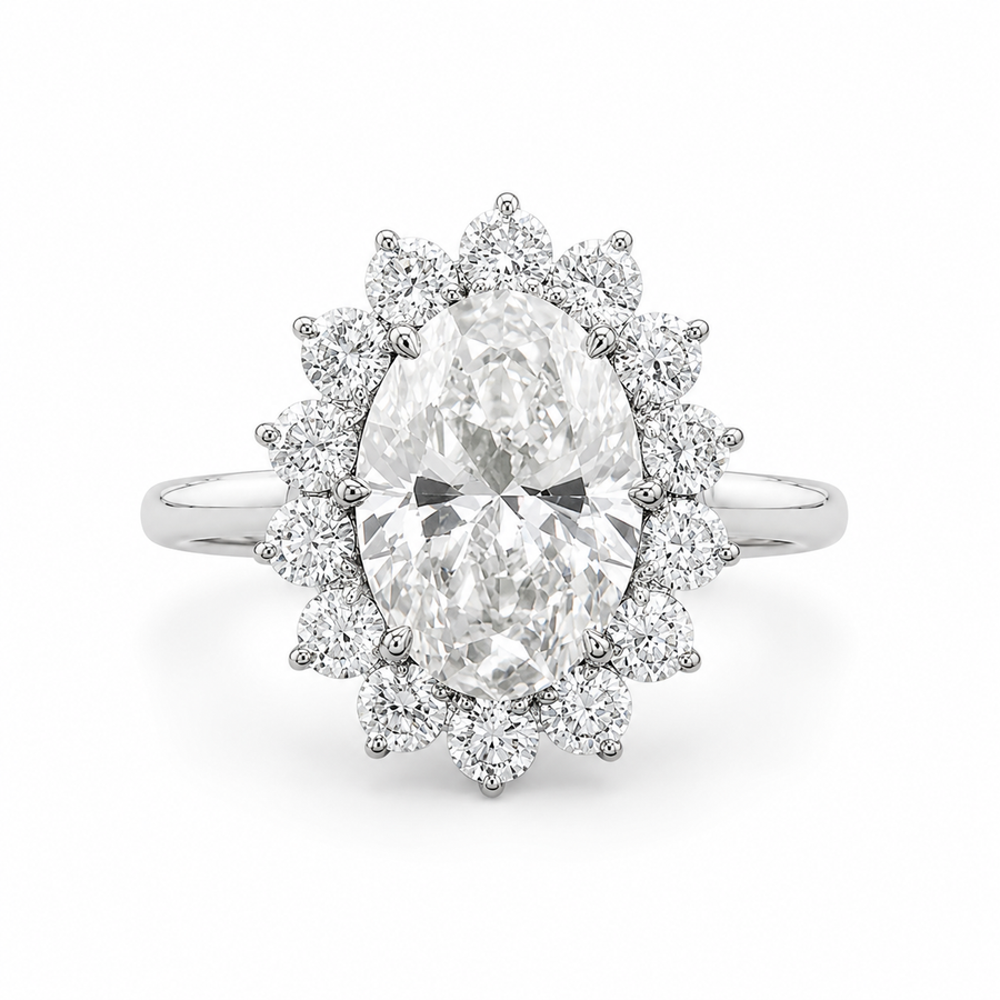 3.00 CT Oval Lab-Grown Diamond Sunburst Halo Engagement Ring in 14K White Gold – Statement Anniversary Design