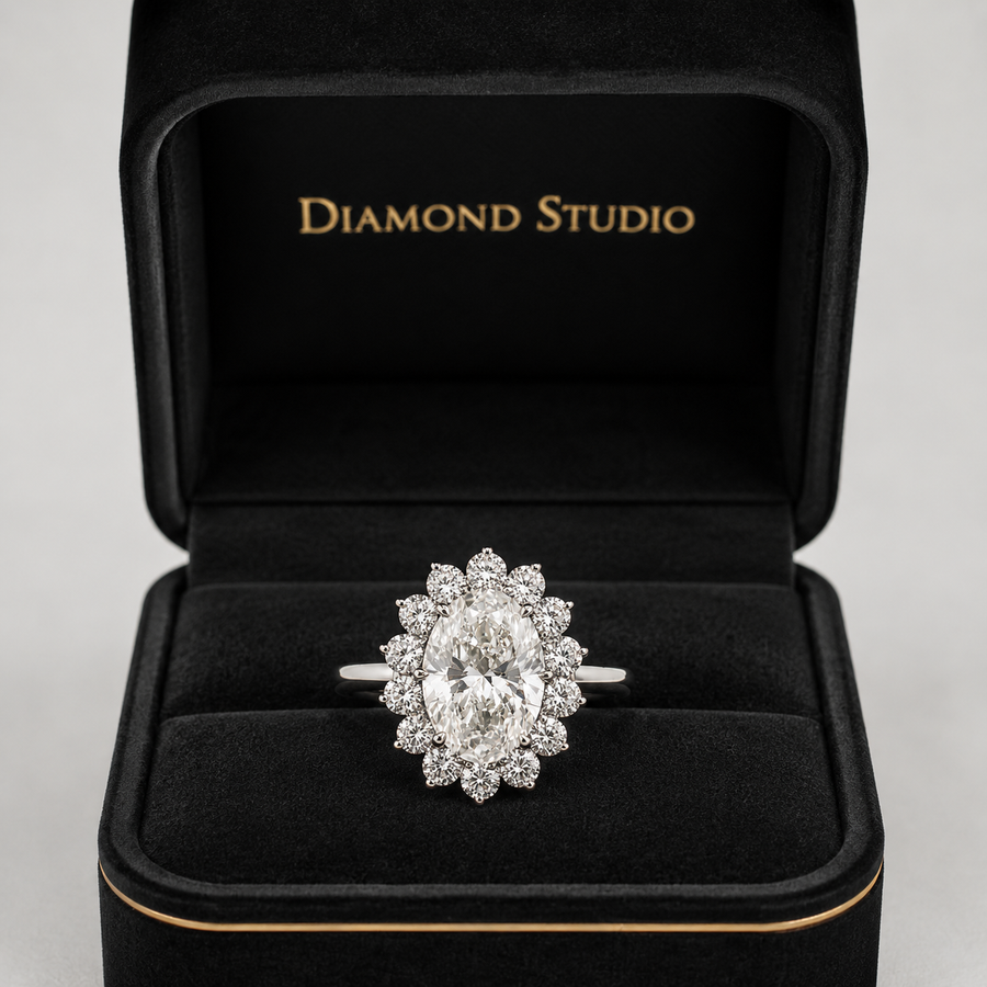3.00 CT Oval Lab-Grown Diamond Sunburst Halo Engagement Ring in 14K White Gold – Statement Anniversary Design
