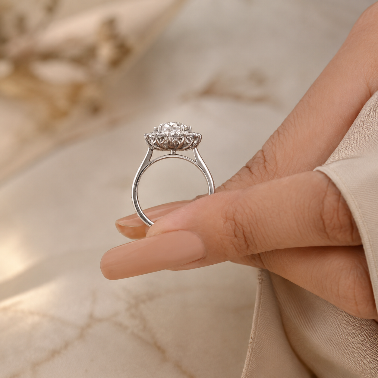 3.00 CT Oval Lab-Grown Diamond Sunburst Halo Engagement Ring in 14K White Gold – Statement Anniversary Design
