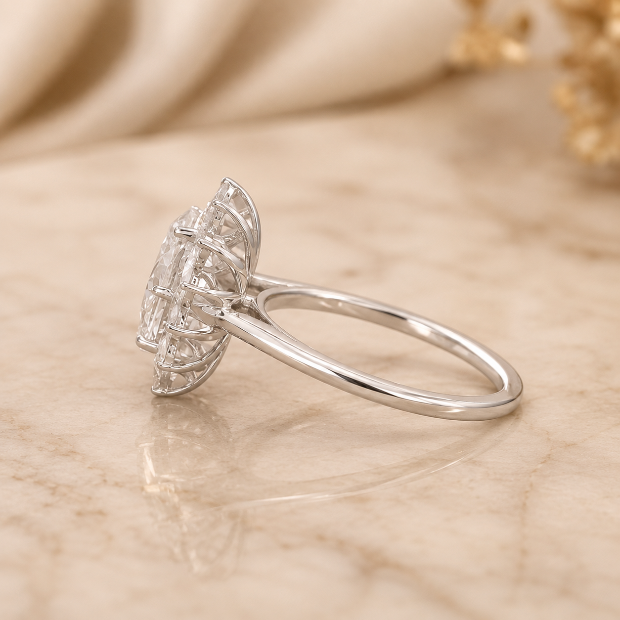 3.00 CT Oval Lab-Grown Diamond Sunburst Halo Engagement Ring in 14K White Gold – Statement Anniversary Design