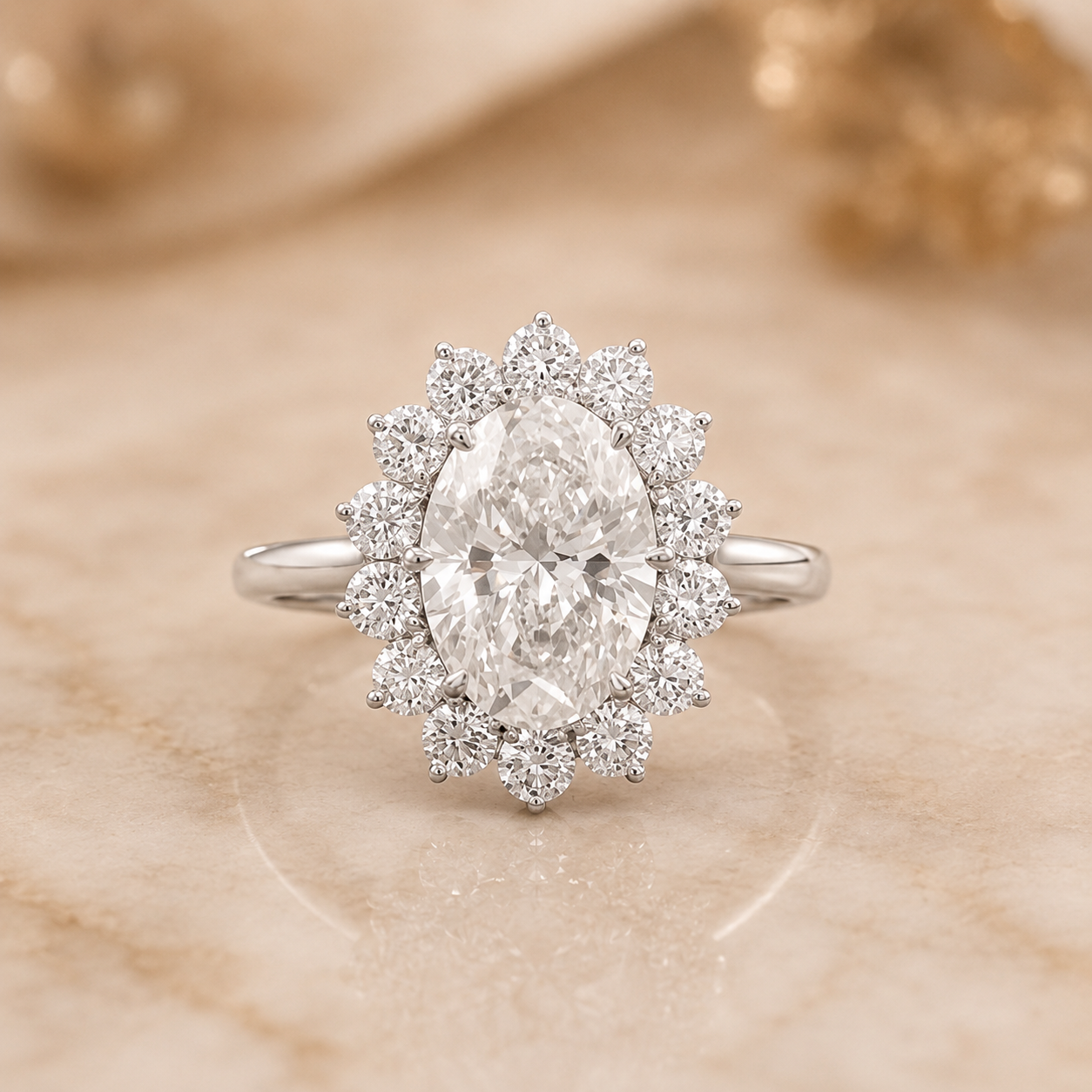 3.00 CT Oval Lab-Grown Diamond Sunburst Halo Engagement Ring in 14K White Gold – Statement Anniversary Design