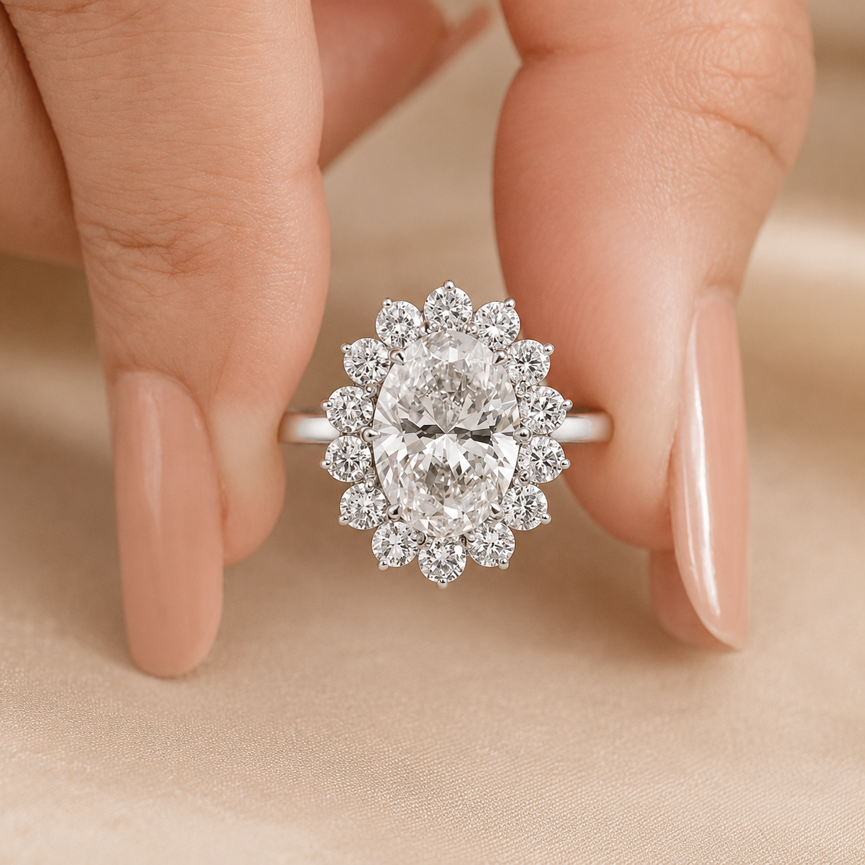 3.00 CT Oval Lab-Grown Diamond Sunburst Halo Engagement Ring in 14K White Gold – Statement Anniversary Design