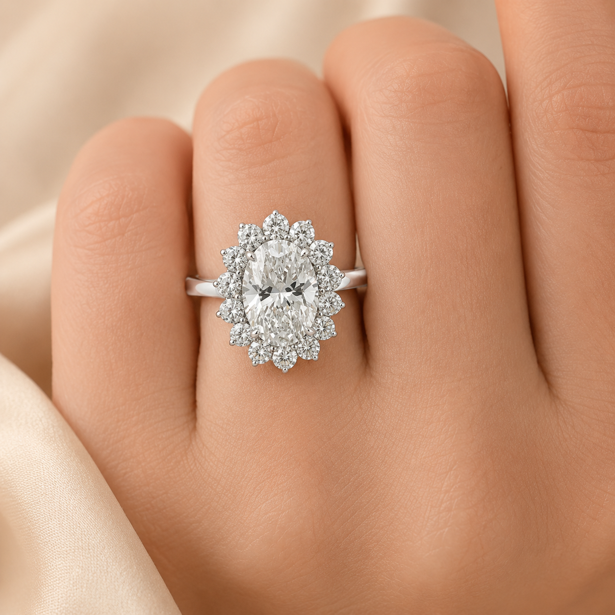 3.00 CT Oval Lab-Grown Diamond Sunburst Halo Engagement Ring in 14K White Gold – Statement Anniversary Design