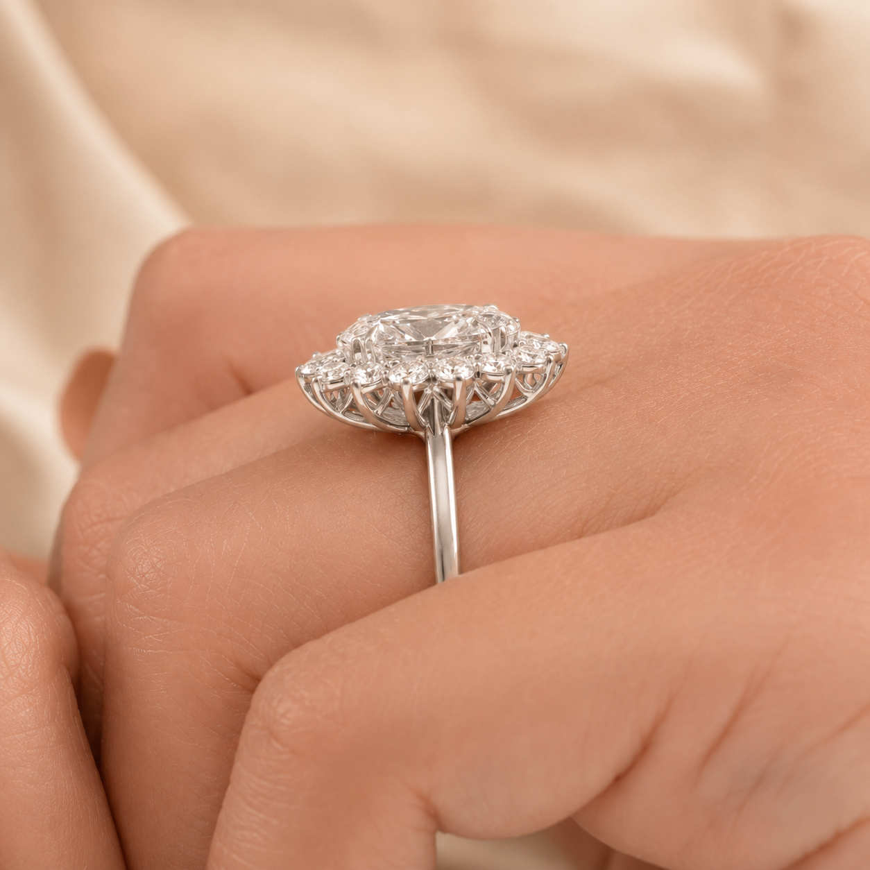 3.00 CT Oval Lab-Grown Diamond Sunburst Halo Engagement Ring in 14K White Gold – Statement Anniversary Design
