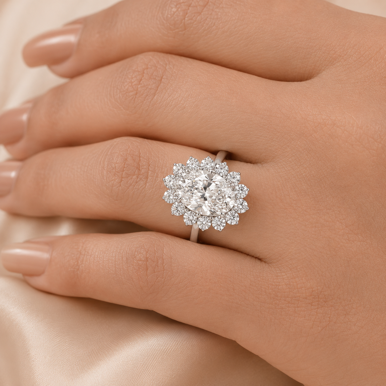 3.00 CT Oval Lab-Grown Diamond Sunburst Halo Engagement Ring in 14K White Gold – Statement Anniversary Design