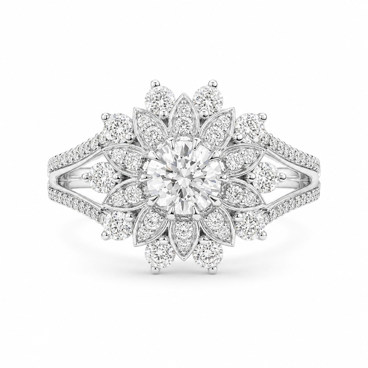 2.45 CT Flower Cluster Lab-Grown Diamond Double Halo Engagement Ring in 14K White Gold – Art Deco Sunburst Floral Design