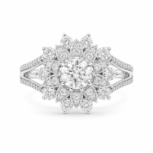 2.45 CT Flower Cluster Lab-Grown Diamond Double Halo Engagement Ring in 14K White Gold – Art Deco Sunburst Floral Design